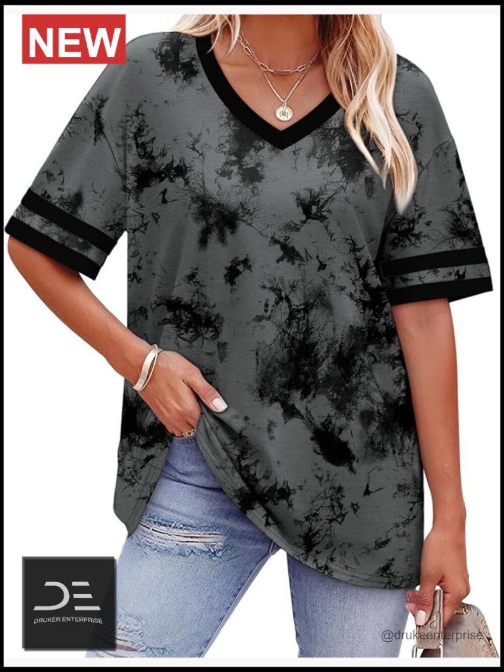 Color Block V-Neck Loose Fit Short Sleeve T-Shirt Tunic